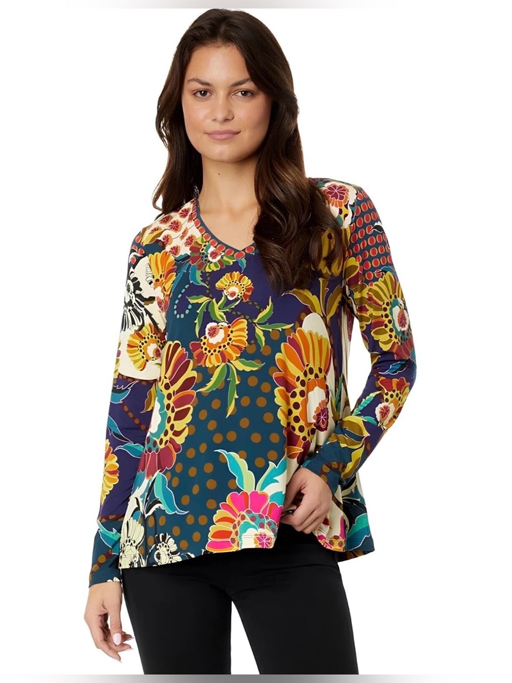 Johnny Was Navy Multicolor Floral V-Neck Long Sleeve Top